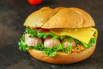 sandwich sausages, cheese, lettuce, tomato sauce (snack burger, kaiser bun). top food background. copy space
