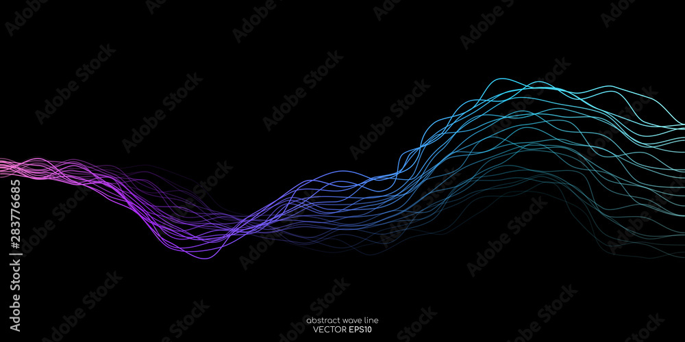 Poster abstract vector wave lines purple green blue colors isolated on black background for design elements
