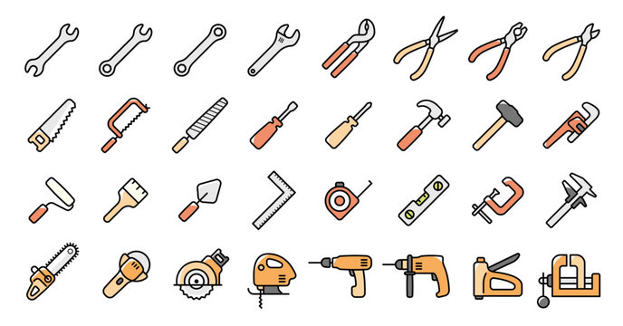 Hand Tools and Power Tools Color Icon Set