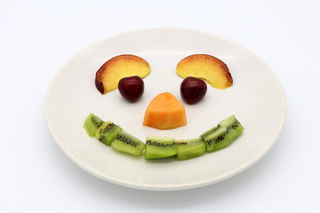 Funny fruit face on a plate as fruity smiley. White background, copy space.