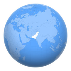 Pakistan on the globe. Earth centered at the location of the Islamic Republic of Pakistan. Map of Pakistan. Includes layer with capital cities.
