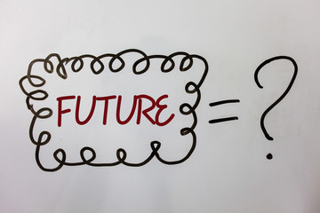 Word writing text Future. Business concept for Period of time following the present moment Events that will happen Ideas messages doodle white background equal question mark doubt questions