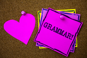 Writing note showing Grammar Motivational Call. Business photo showcasing System and Structure of a...