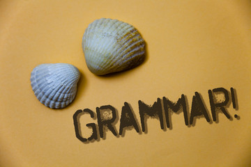 Handwriting text writing Grammar Motivational Call. Concept meaning System and Structure of a Language Writing Rules Grunge ideas messages shells light brown background beach memories thoughts