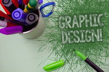 Word writing text Graphic Design Motivational Call. Business concept for Art of combining Text Images in advertising Scratched table cup with markers ideas messages workspace messy stain