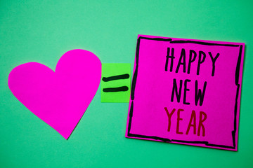 Text sign showing Happy New Year. Conceptual photo congratulations Merry Xmas everyone beginning of January Hart memories love pink green background love lovely thoughts message