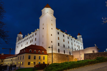 Fototapeta na wymiar Medieval Bratislava Castle part at night illumination