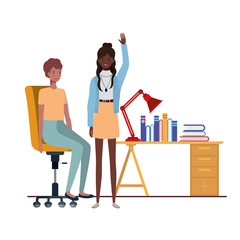 women sitting in the work office with white background