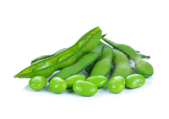 green soybeans on white background