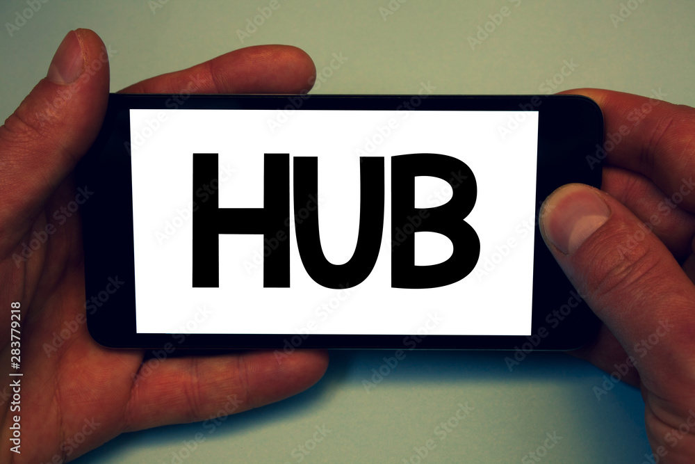 Poster conceptual hand writing showing hub. business photo showcasing device connecting computers center of