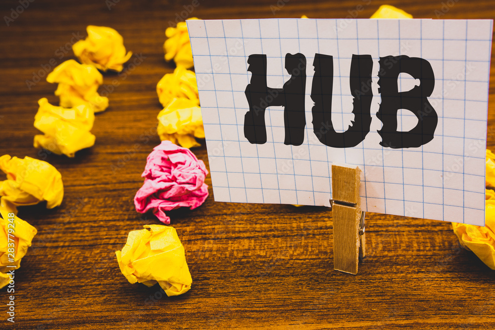 Poster conceptual hand writing showing hub. business photo text device connecting computers center of wheel