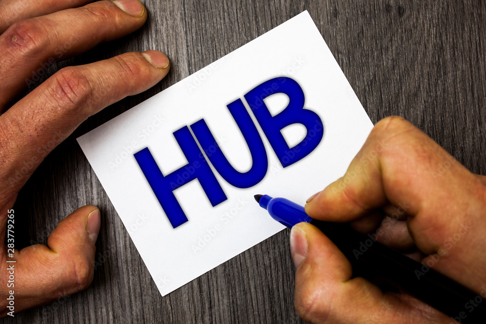 Poster conceptual hand writing showing hub. business photo showcasing device connecting computers center of