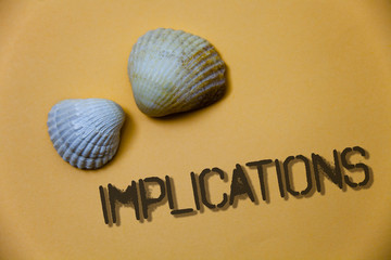 Handwriting text writing Implications. Concept meaning Conclusion State of being involved Suggestion Insinuation Hint Grunge ideas messages shells light brown background beach memories thoughts