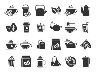 Black tea leaves icons. Hot drink cup, cold iced tea and teapot with steam pictogram. Organic herbal or mint teas logotype, eco leaf tea sign and teapot. Isolated icon vector set