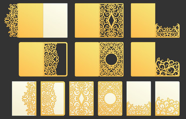 Ornamental pocket folder. Decorative wedding invitation folder, menu holder and greeting envelope with die cut ornament. Laser cut marriage invitation art deco pocket vintage isolated vector set