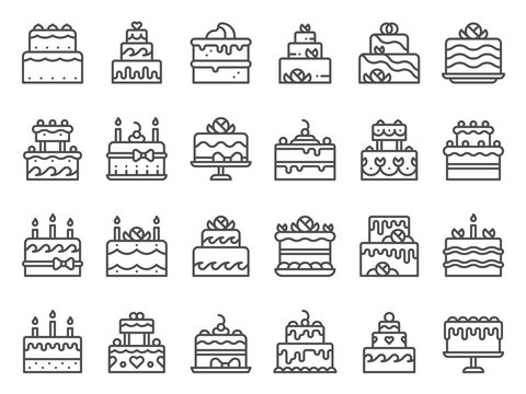 Outline cake icons. Sweet cupcake, homemade dessert with candles and bakery delicious cakes line art. Birthday party, anniversary or wedding cake with candles. Isolated vector icon set