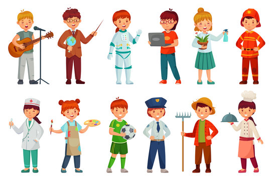 Kids workers. Child professional uniform, policeman kid and baby job professions. Children character teacher, doctor and astronaut job professional play. Cartoon isolated vector icons set
