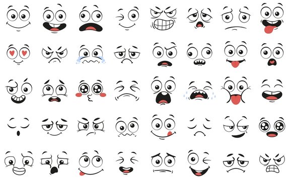 Cartoon faces. Expressive eyes and mouth, smiling, crying and surprised character face expressions. Caricature comic emotions or emoticon doodle. Isolated vector illustration icons set