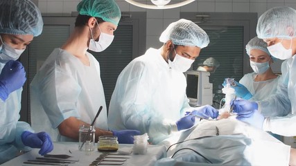 Attentive medical workers operating their patient. Medical Team Performing Surgical Operation in Bright Modern Operating Room.