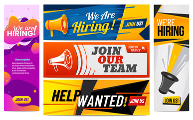 We are hiring banners. Join our team, vacancy promotional banner and hirings creative template. Worker employment hunter sign, business vacancy hire. Isolated vector illustration icons set