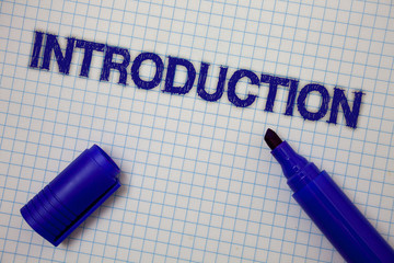 Handwriting text Introduction. Concept meaning First part of a document Formal presentation to an audience Squared notebook page ideas messages blue open marker grid background