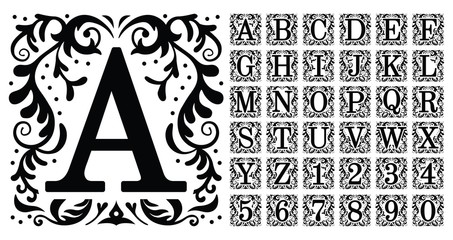 Vintage monogram letters. Decorative ornamental ancient capital letter, old alphabet monograms and filigree ornament font. Renaissance or victorian engraved initial abc. Isolated vector symbols set - obrazy, fototapety, plakaty