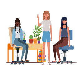 women sitting in the work office with white background
