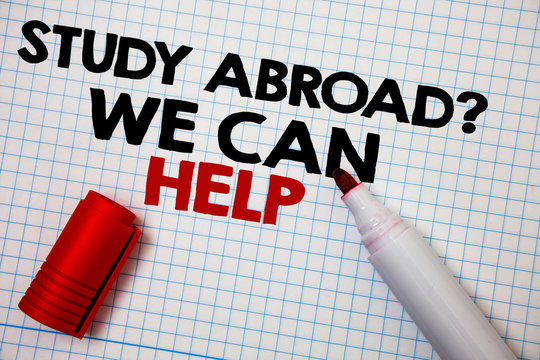 Writing note showing Study Abroad Question We Can Help. Business photo showcasing going overseas complete your studies Graph paper grey important thoughts idea information science math data