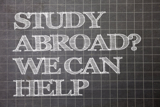 Writing note showing Study Abroad Question We Can Help. Business photo showcasing going overseas complete your studies Graph paper grey messages thoughts ideas information important math
