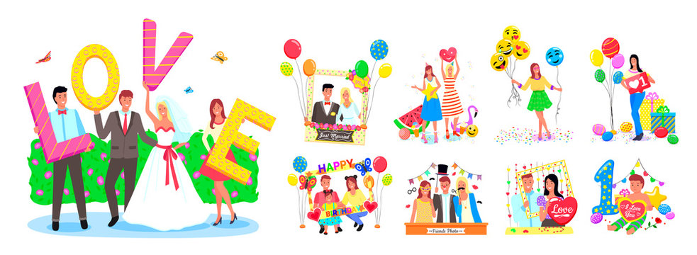 Set of photozones, accessorize, frames and decorations for different events like wedding or birthday party. Smiling people posing for photoes with balloons vector. Birthday, wedding or festival photo