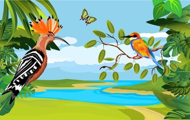 Nature wildlife scene background with  plants and Hoopoe and kingfisher birds.  floral frame on river landscape. Vector