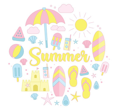 Beachin Summer Vector Graphics - Beach Surfboard Popsicle Sandcastle Sand Sandals Umbrella Pink Pastel Blue Yellow Cute Sun Melting Lemonade Ball Chill Cool