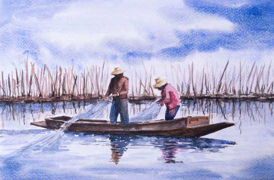 The fisherman catching the fish in watercolor painting.