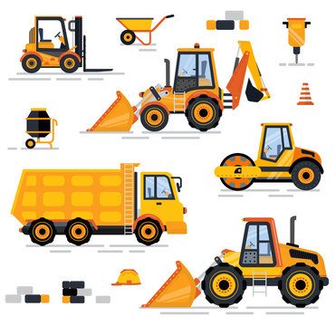Construction equipment set, heavy machine, forklift and barrow, brick and drill concrete mixer, tractor and lorry. Professional engineering objects on white. Special machines for the construction work