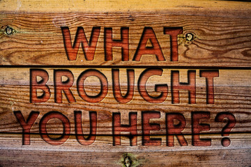 Handwriting text What Brought You Here Question. Concept meaning Ambition can be obtain by determination Wooden background vintage wood board wild message ideas intentions thoughts