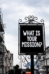 Handwriting text writing What Is Your Mission Question. Concept meaning Positive goal focusing on achieving success Vintage black board white letters words cloudy background old city ideas