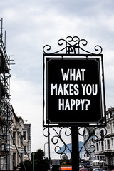 Handwriting text writing What Makes You Happy Question. Concept meaning Happiness comes with love and positive life Vintage black board white letters words cloudy background old city ideas