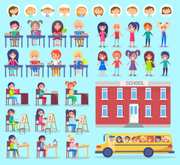 Obraz na płótnie Canvas Stickers of pupils, portrait view of girls and boys, set of studying kids, children painting and researching. School and bus isolated on blue vector. Back to school concept
