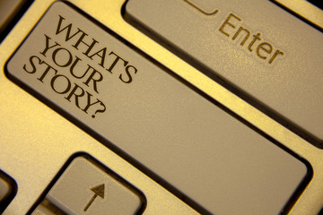 Conceptual hand writing showing What'S Your Story Question. Business photo text asking someone to tell me about himself Keyboard grey keys yellow background computer message keypad