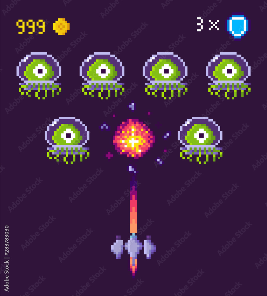 Poster spaceship and aliens fight pixel game vector. pixelated characters and points gained in battle, spac