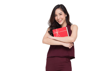 Happy beautiful asian woman smile with red gift box and copy space white living room background. Teenage girls in love, Receiving gifts from lovers. New Year, Christmas and Valentines Day concept