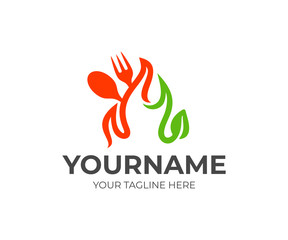 Fork, spoon, fire and leaf, logo design. Food, eatery, restaurant and catering, vector design and illustration