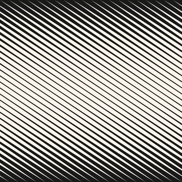 Vector geometric halftone diagonal stripes seamless pattern. Black and white slanted parallel graphic lines. Gradient transition effect texture. Modern abstract monochrome background. Repeat design