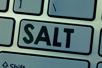 Writing note showing Salt. Business photo showcasing Used for seasoning and preserving food White crystalline substance.