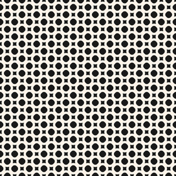 Vector black and white geometric seamless pattern with small circles and squares
