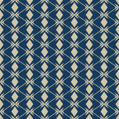 Gold and blue abstract geometric seamless pattern with rhombuses, diamonds, grid