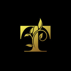 T Gold Letter Logo With Luxury Floral Design. Vintage T drawn letter mark for book design, brand name, business card, Restaurant, Boutique, Hotel.  