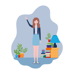 woman standing with bookshelf of wooden and books