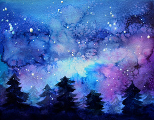 Space art at watercolor with night sky and trees