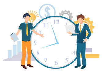 Workers communication with laptop, deadline work, creative idea. Employee finance strategy, researching and developing, professional cooperation vector. Two mans near clock. Time managment concept